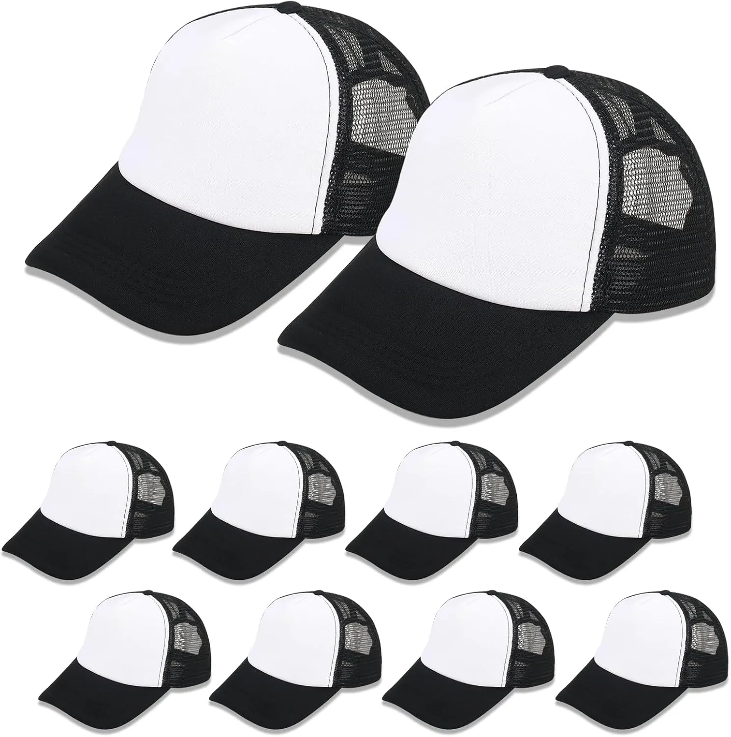 10 Pack Sublimation Blank Baseball Cap Adjustable Hat Polyester Mesh Trucker Hats for Men and Women (US, Alpha, One Size, 3X-Large, Standard, Black and White hat *10PCS)