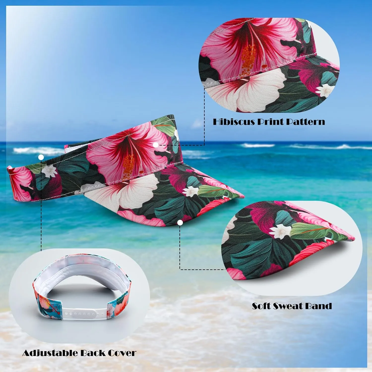 4 Pcs Hawaiian Visor Hat for Women Men Tropical Beach Adjustable Empty Top Sport Visor Cap for Summer Outdoor Pool