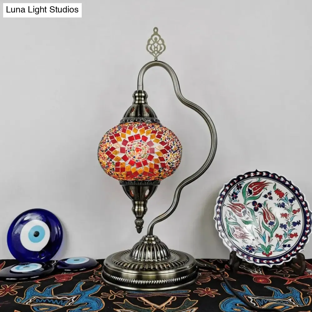 Art Deco Stained Glass Globe Table Lamp with Curvy Arm - White/Red/Yellow