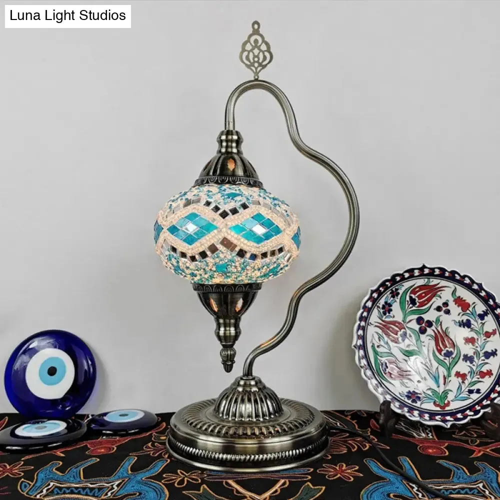 Art Deco Stained Glass Globe Table Lamp with Curvy Arm - White/Red/Yellow