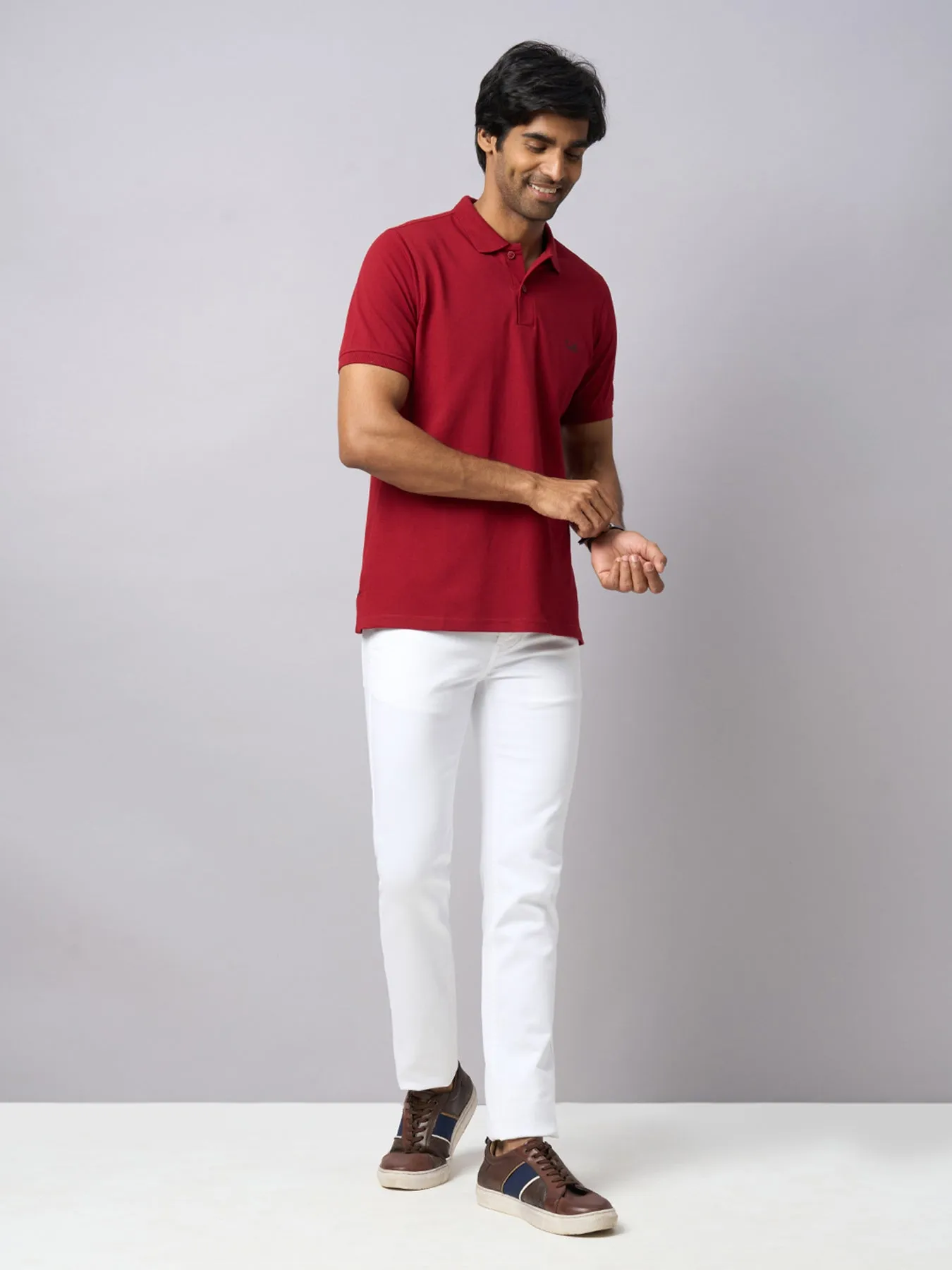 Cotton Stretch White Plain Narrow Fit Flat Front Casual Jeans