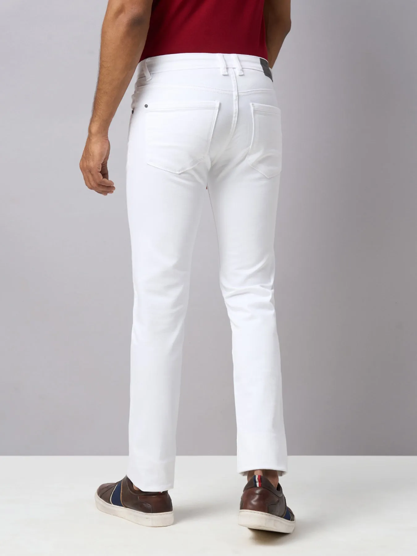 Cotton Stretch White Plain Narrow Fit Flat Front Casual Jeans
