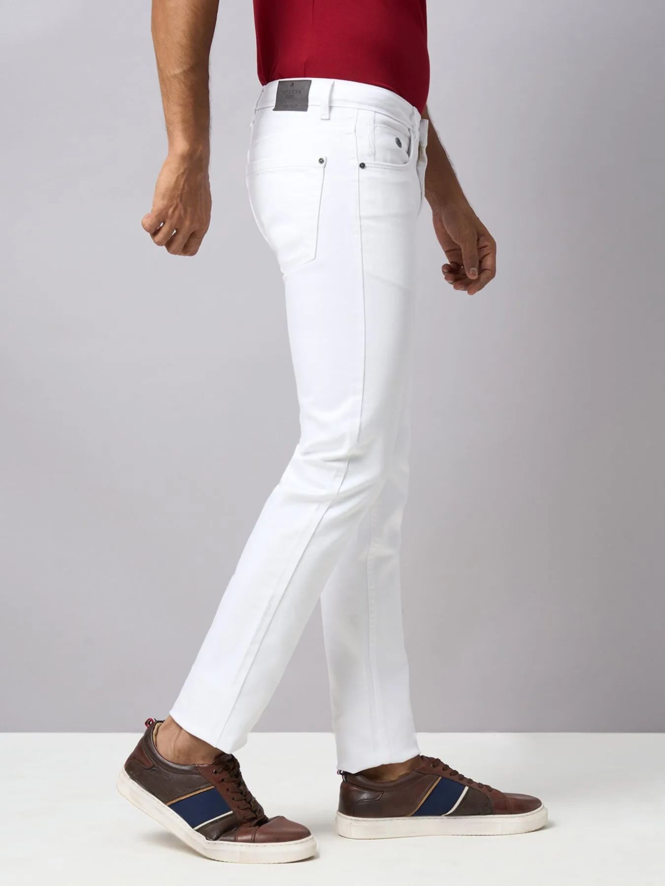 Cotton Stretch White Plain Narrow Fit Flat Front Casual Jeans