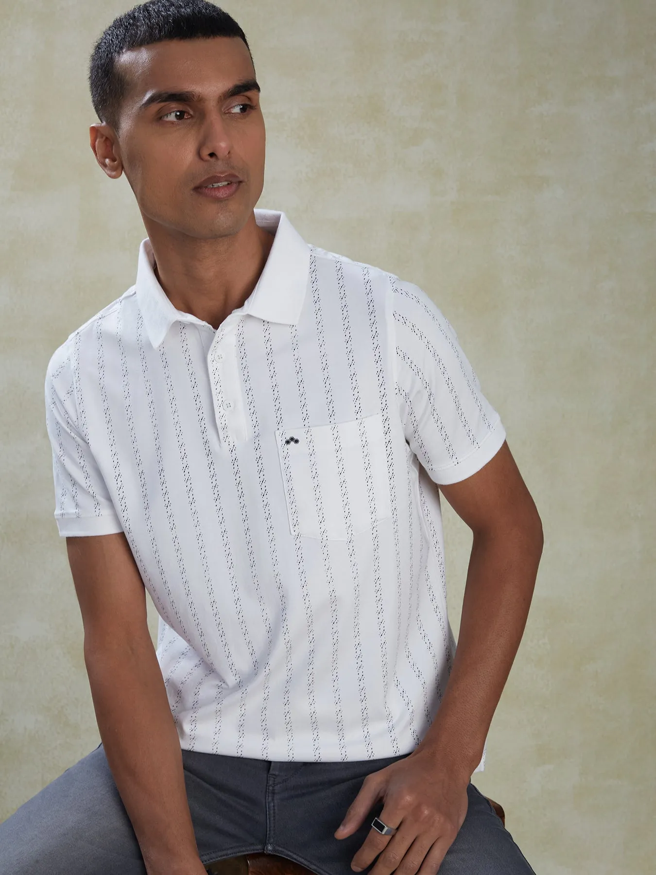 Cotton Stretch White POLO Half Sleeve Striped Casual Mens T Shirt
