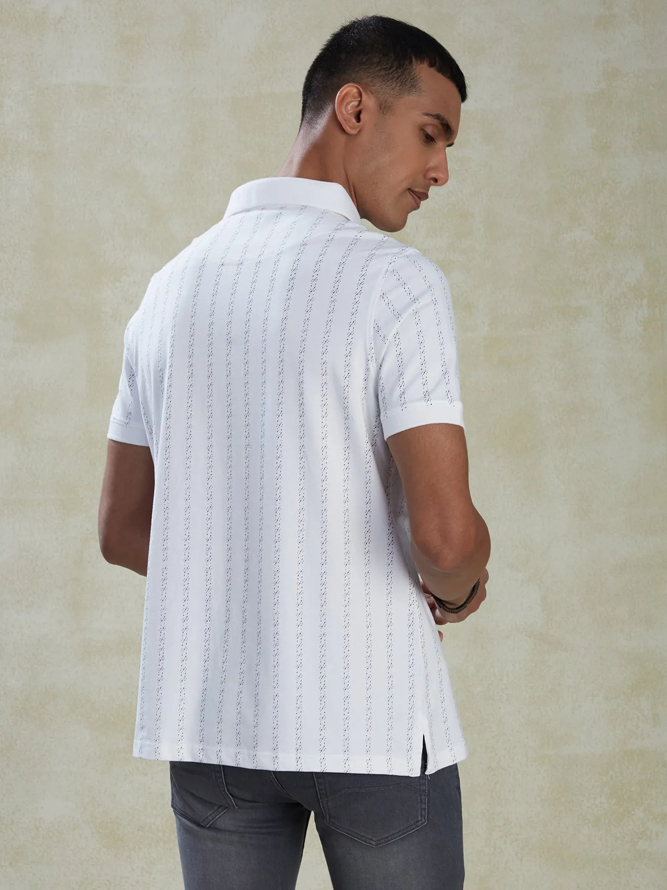 Cotton Stretch White POLO Half Sleeve Striped Casual Mens T Shirt