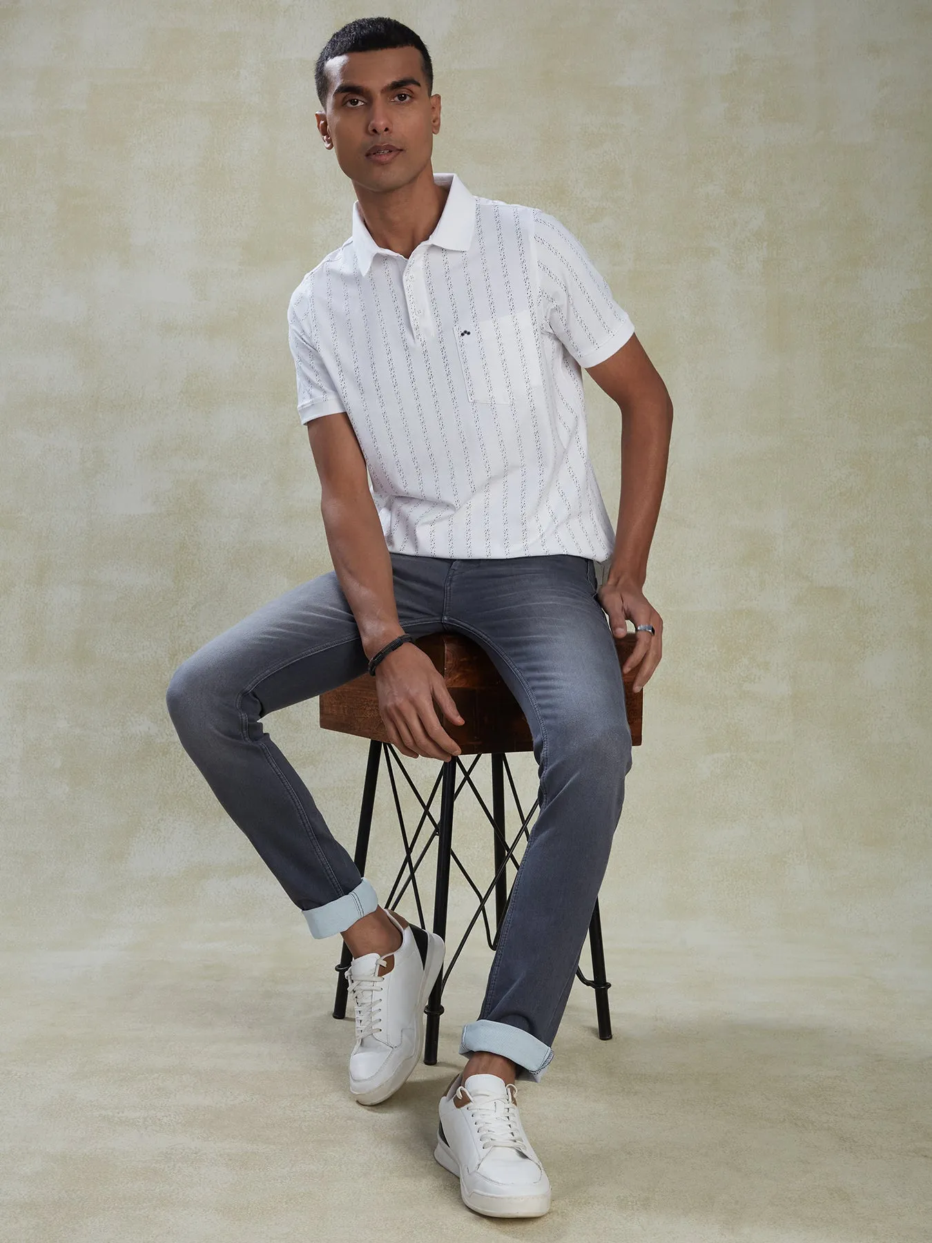 Cotton Stretch White POLO Half Sleeve Striped Casual Mens T Shirt