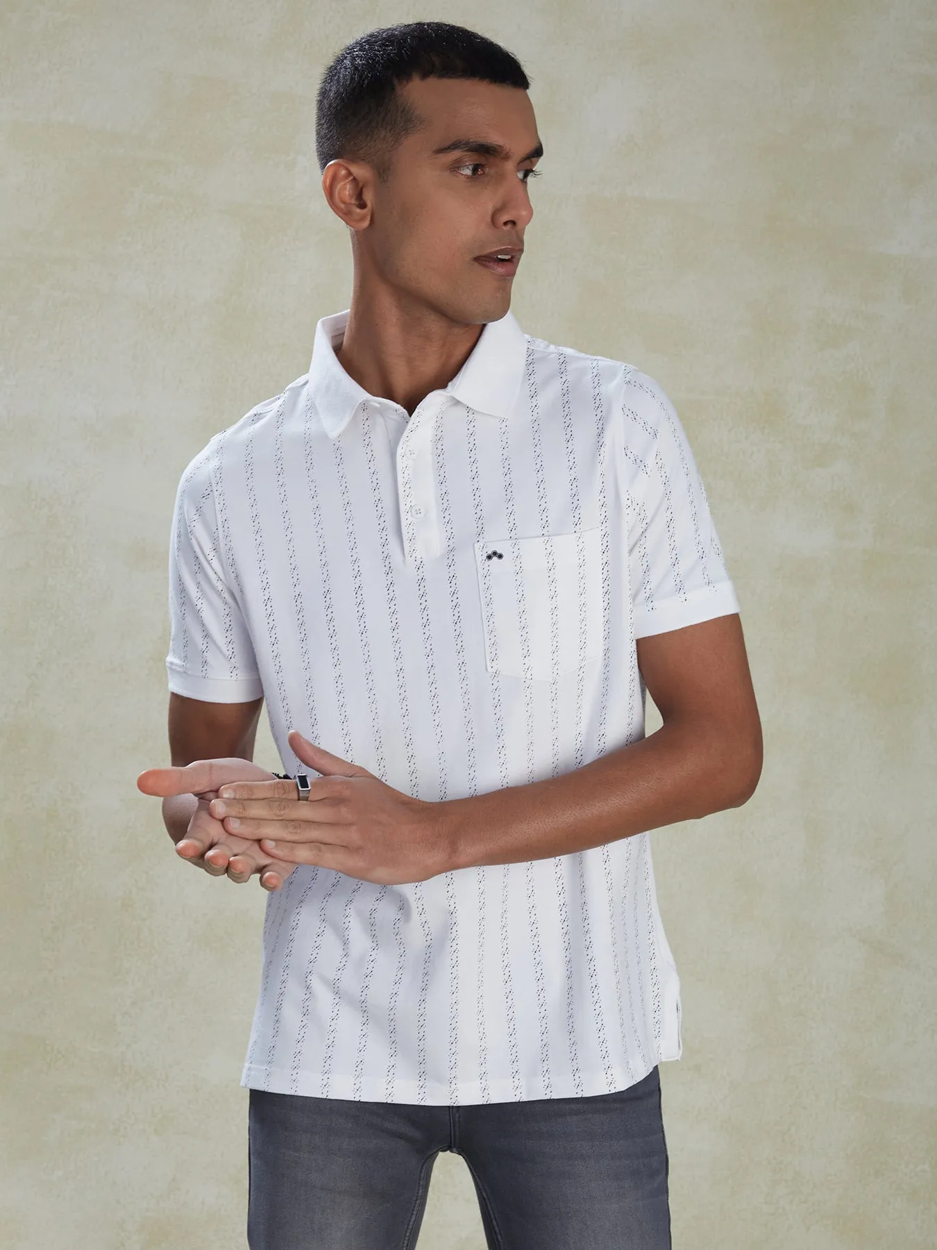 Cotton Stretch White POLO Half Sleeve Striped Casual Mens T Shirt