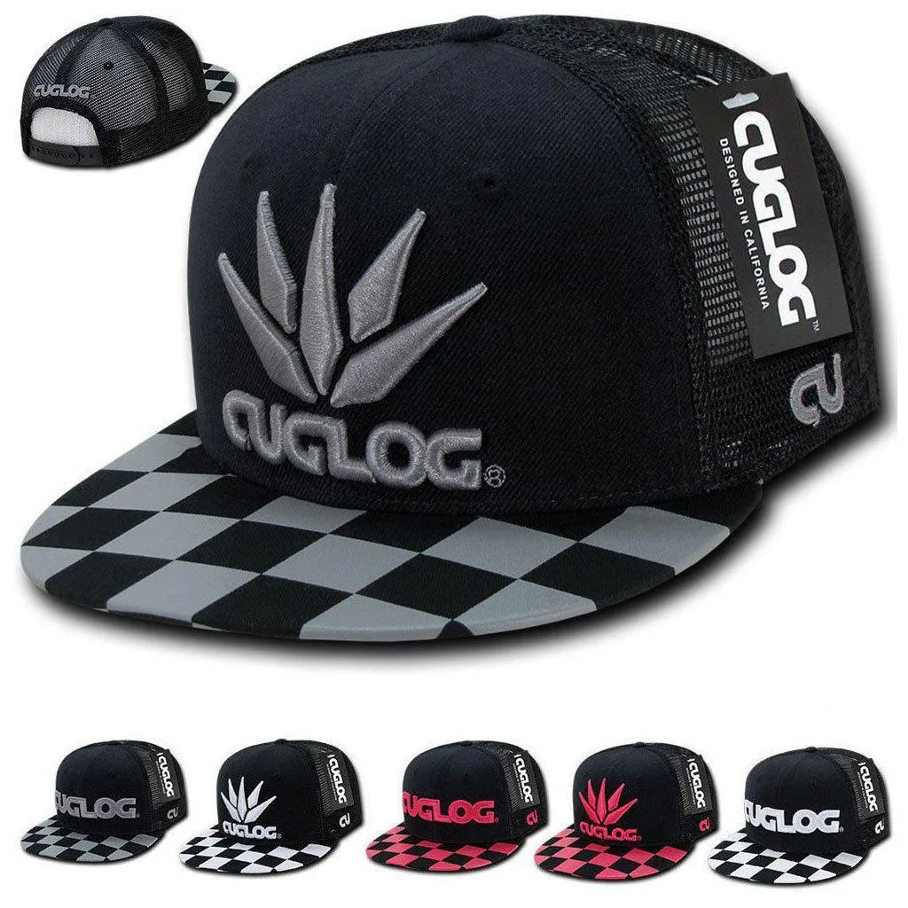 Cuglog Checker Retro Flat Bill High Crown 6 Panel Trucker Caps Hats