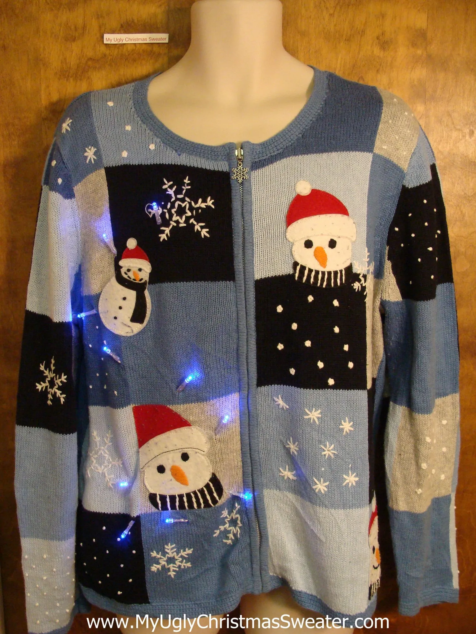 Cute Carrot Nosed Snowmen Christmas Sweater with Lights