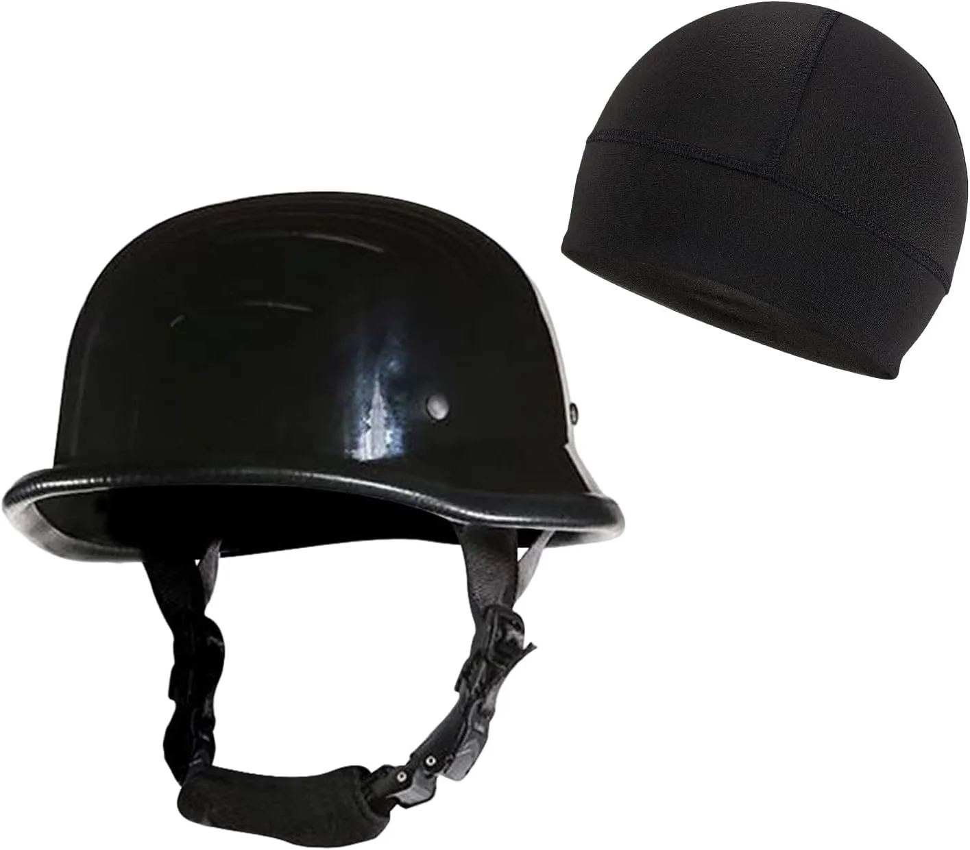 German Novelty Skull Cap, Basic Glossy Black Finish German Novelty Hat with Adjustable Chin Strap