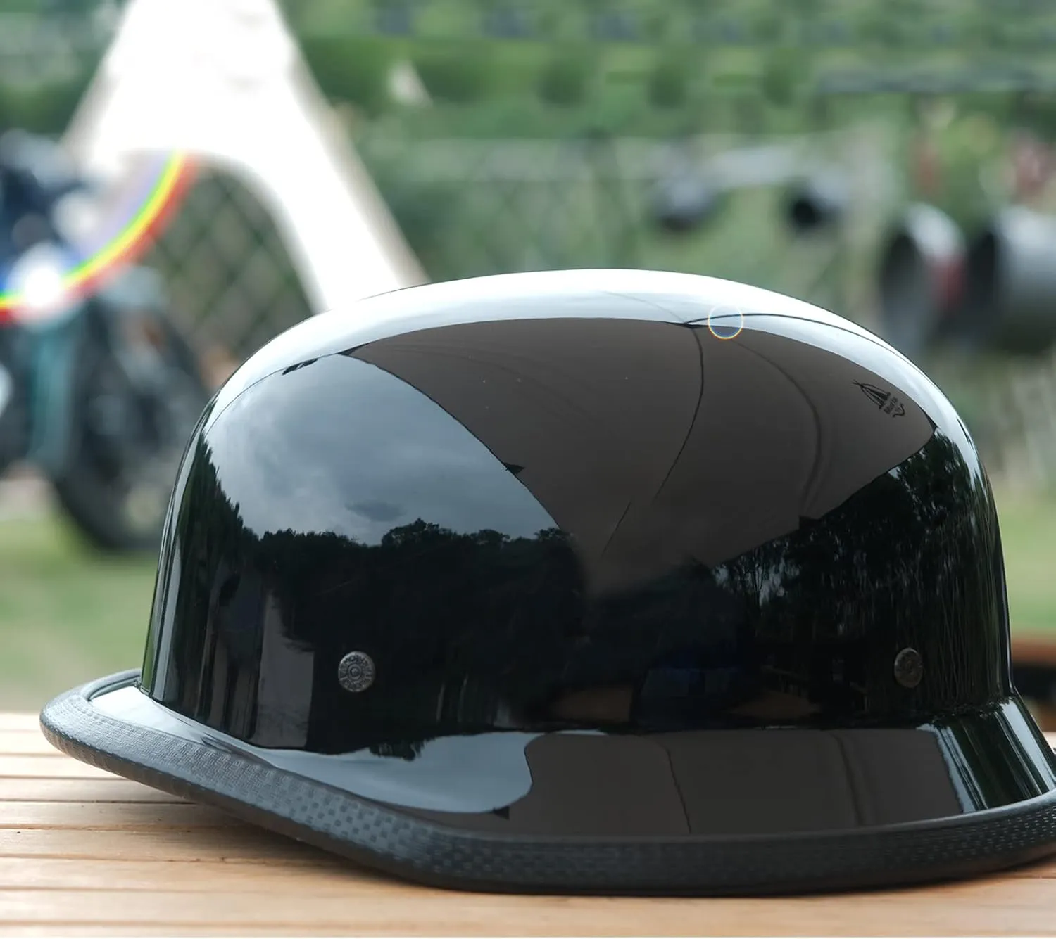 German Novelty Skull Cap, Basic Glossy Black Finish German Novelty Hat with Adjustable Chin Strap