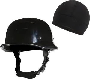 German Novelty Skull Cap, Basic Glossy Black Finish German Novelty Hat with Adjustable Chin Strap
