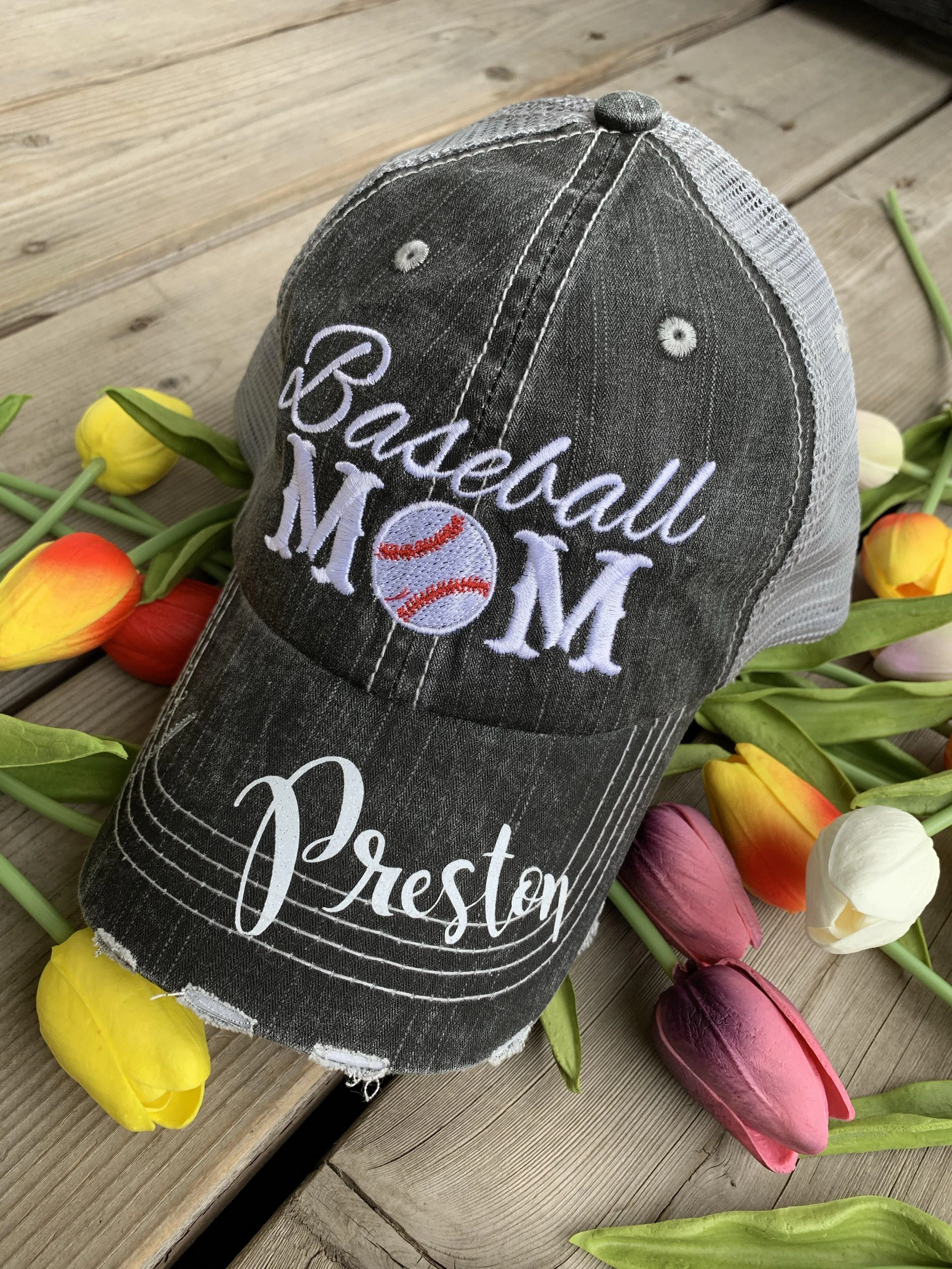 Hats Cheer mom Embroidered distressed trucker cap adjustable velcro • Pom poms Ballet shoes Personalized Bling