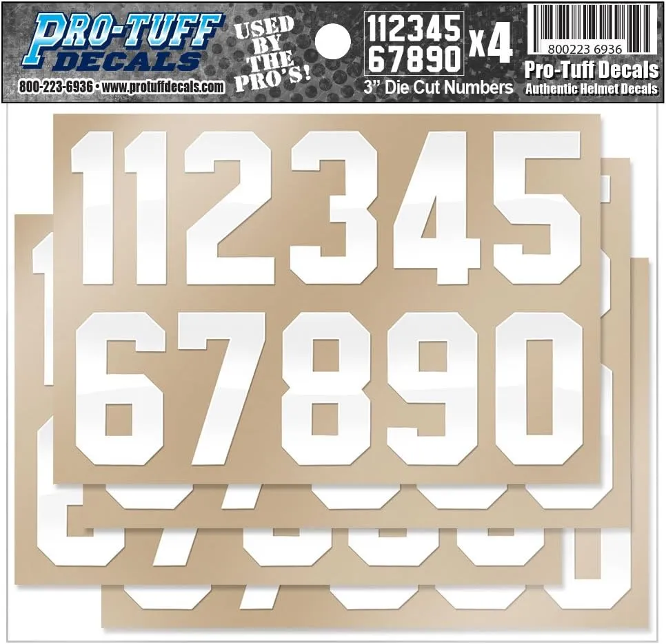 Helmet Number Decals (Football, Lacrosse, Hockey, Baseball, Softball) White Stickers (3 Inch Tall)