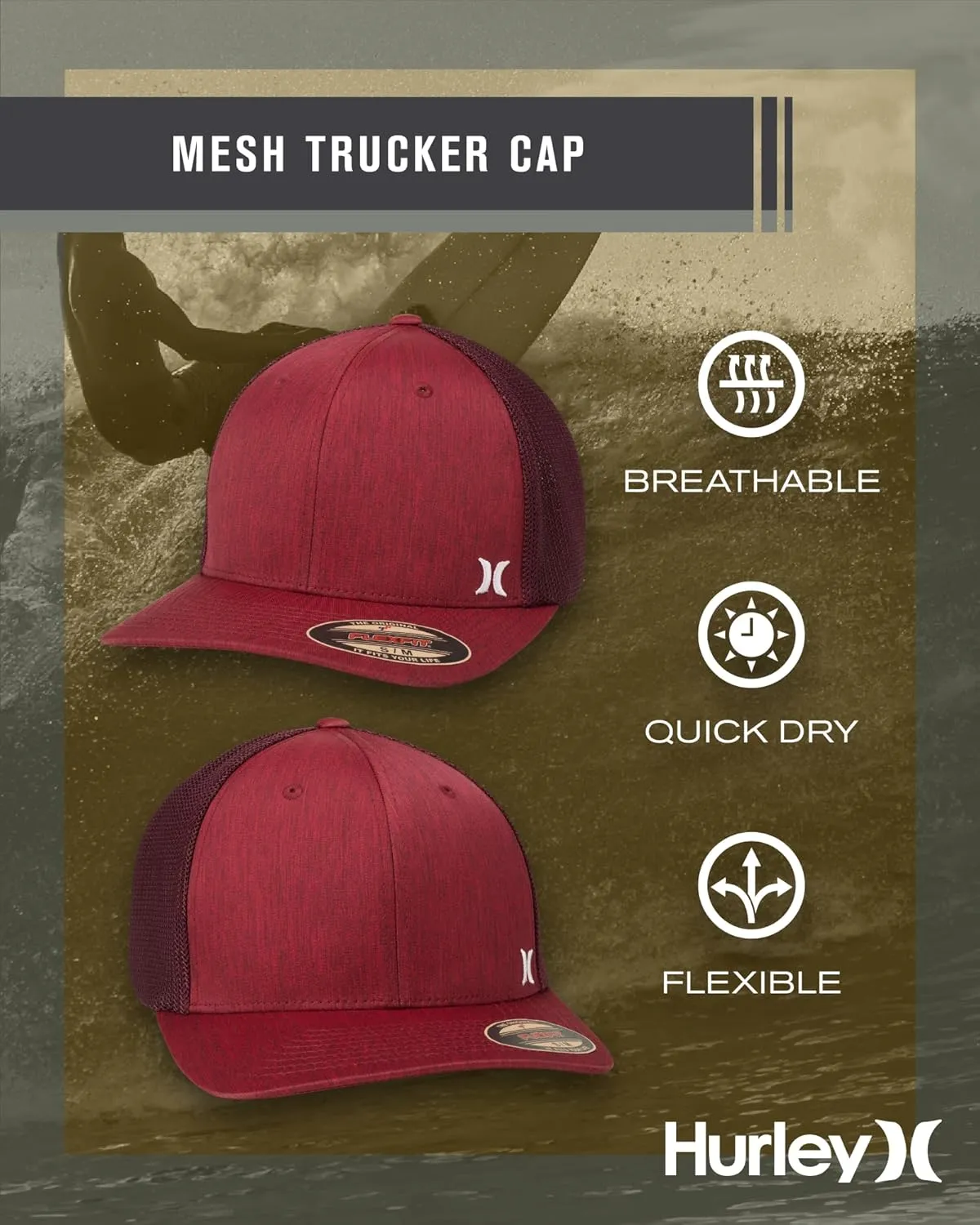 Hurley Men's Caps - Mini Icon Mesh Panel Baseball Cap - Fitted Hats for Men