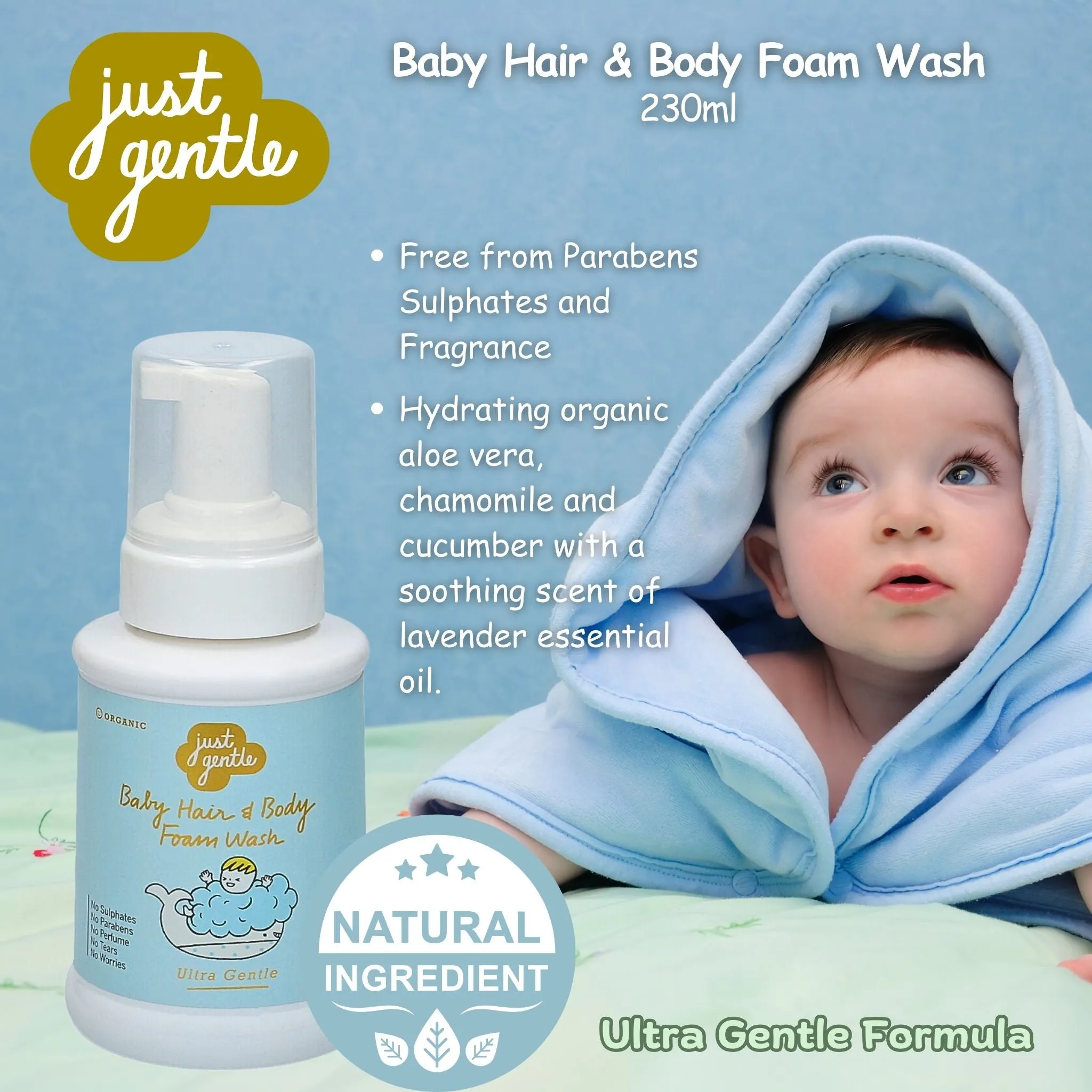 Just Gentle Baby Shampoo Foam Wash - Ultra Gentle for Newborns - 230ml