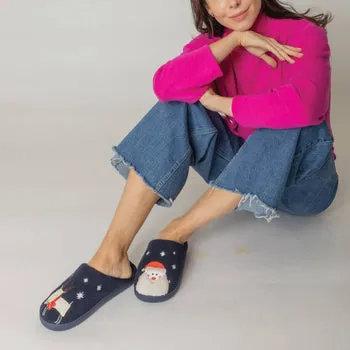 Ladies Navy Christmas Holiday Slippers with Santa & Reindeer - Size Large
