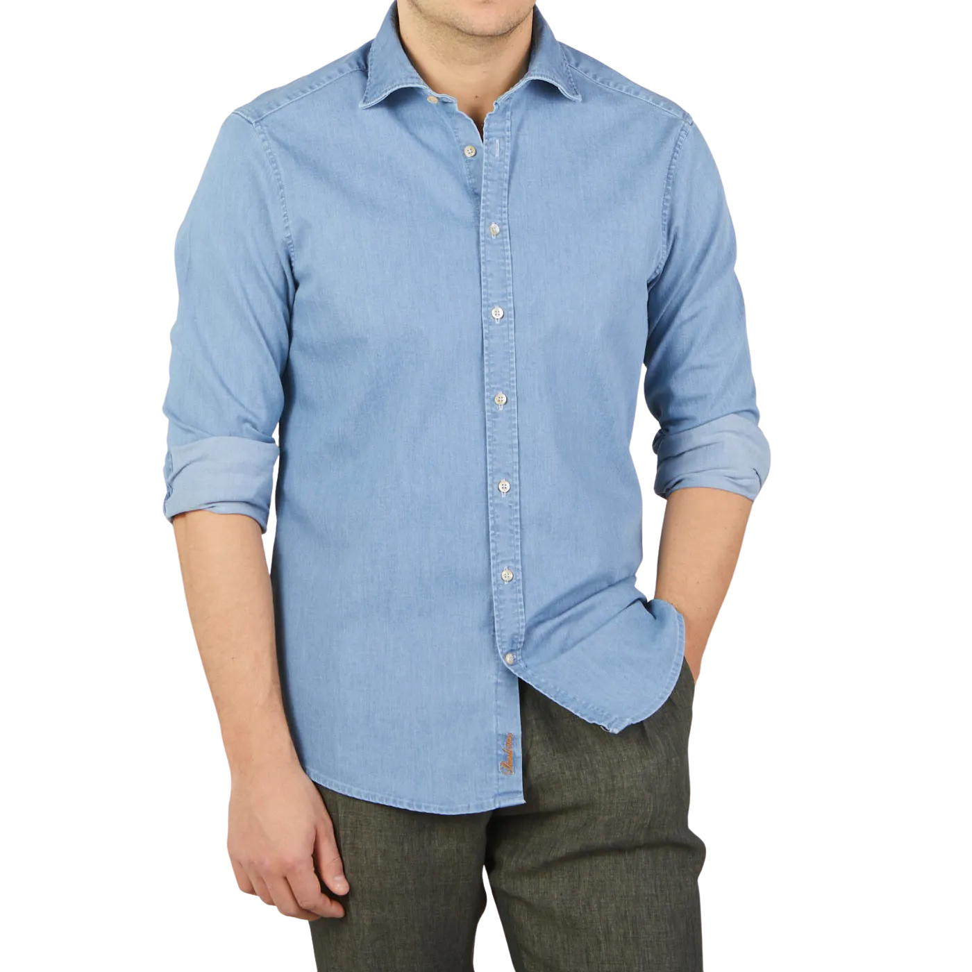 Light Blue Cotton Denim Fitted Body Shirt