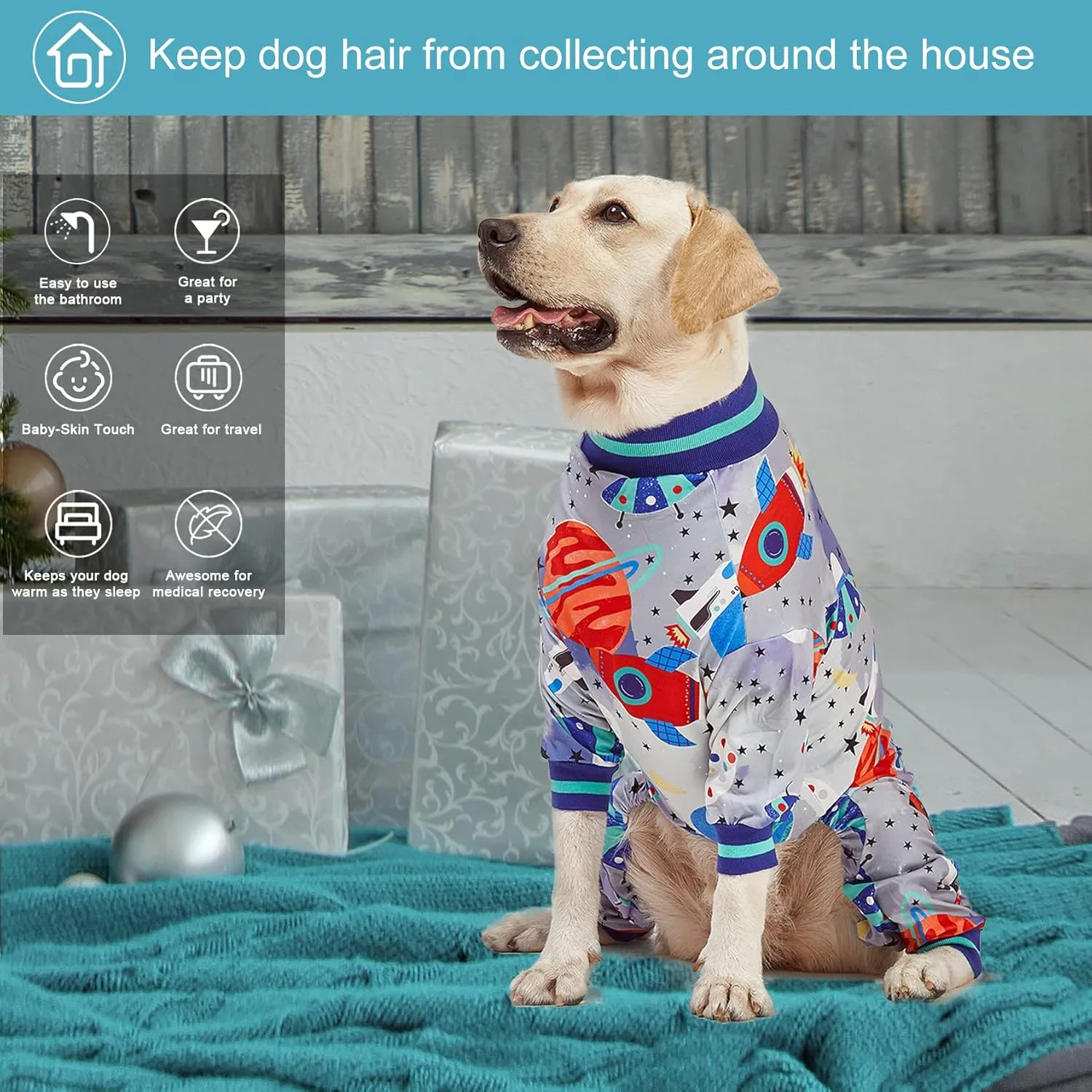 LovinPet Large Dog Wound Care/Surgery Recovery Clothes, Large Pitbull Pajamas, Lightweight Stretchy Jersey Knit, Galaxy World Gray Print, Big Dog Jammies, UV Protection, Mastiff Pajamas/XL