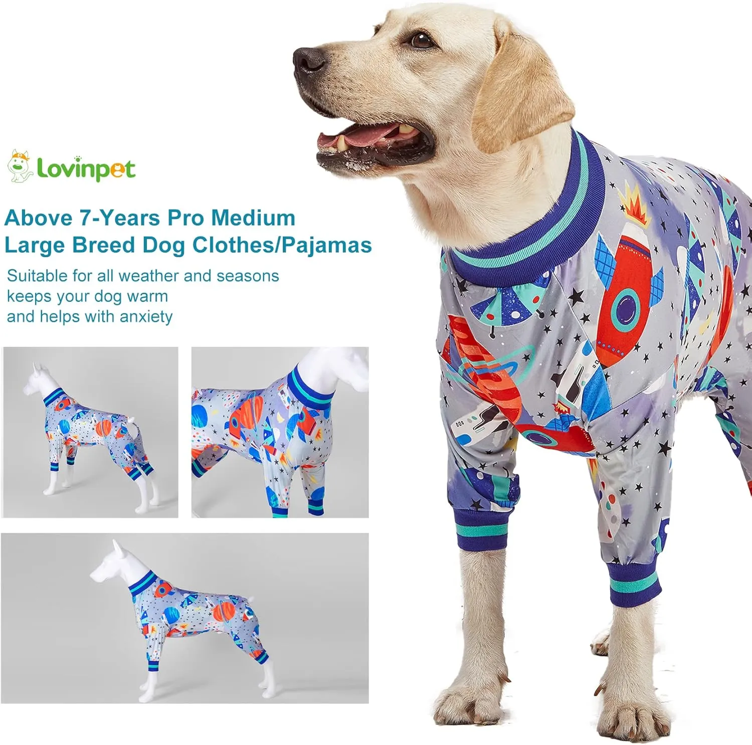 LovinPet Large Dog Wound Care/Surgery Recovery Clothes, Large Pitbull Pajamas, Lightweight Stretchy Jersey Knit, Galaxy World Gray Print, Big Dog Jammies, UV Protection, Mastiff Pajamas/XL