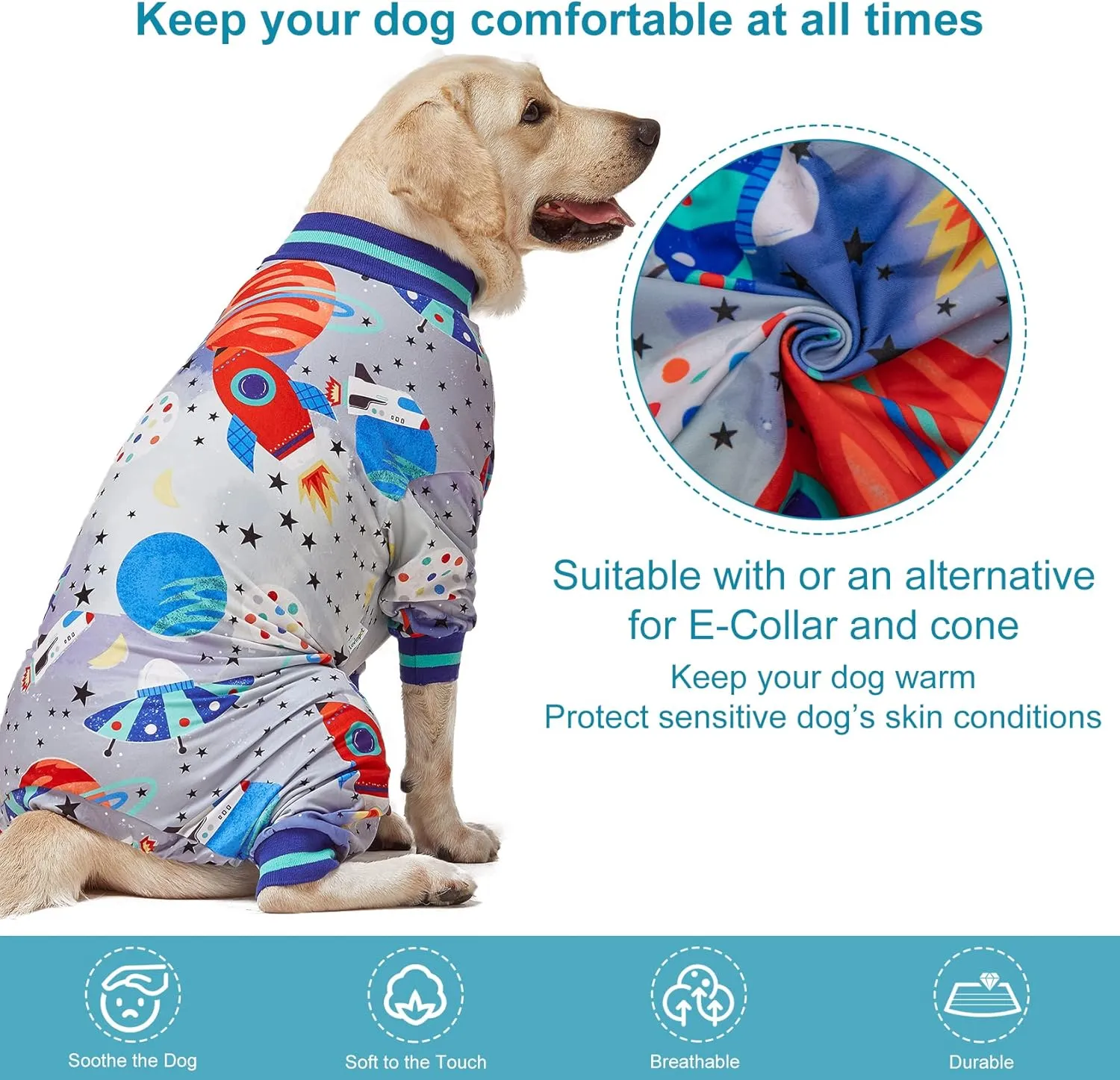 LovinPet Large Dog Wound Care/Surgery Recovery Clothes, Large Pitbull Pajamas, Lightweight Stretchy Jersey Knit, Galaxy World Gray Print, Big Dog Jammies, UV Protection, Mastiff Pajamas/XL