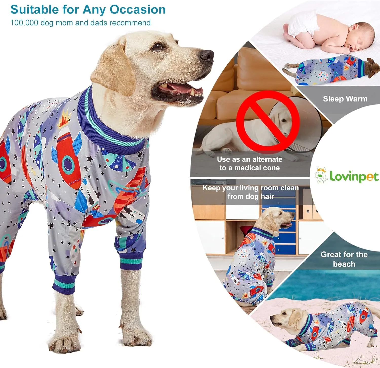 LovinPet Large Dog Wound Care/Surgery Recovery Clothes, Large Pitbull Pajamas, Lightweight Stretchy Jersey Knit, Galaxy World Gray Print, Big Dog Jammies, UV Protection, Mastiff Pajamas/XL