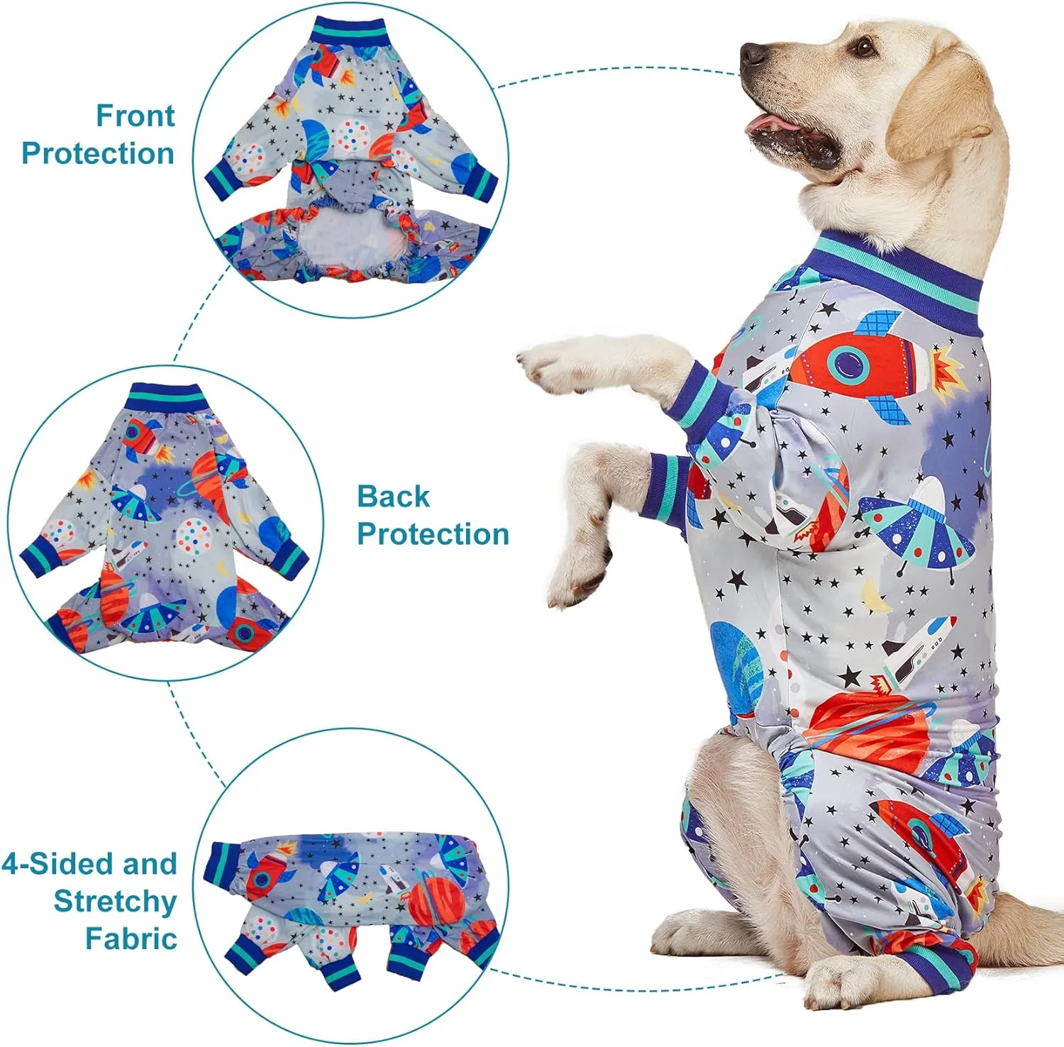 LovinPet Large Dog Wound Care/Surgery Recovery Clothes, Large Pitbull Pajamas, Lightweight Stretchy Jersey Knit, Galaxy World Gray Print, Big Dog Jammies, UV Protection, Mastiff Pajamas/XL