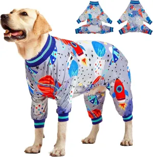LovinPet Large Dog Wound Care/Surgery Recovery Clothes, Large Pitbull Pajamas, Lightweight Stretchy Jersey Knit, Galaxy World Gray Print, Big Dog Jammies, UV Protection, Mastiff Pajamas/XL