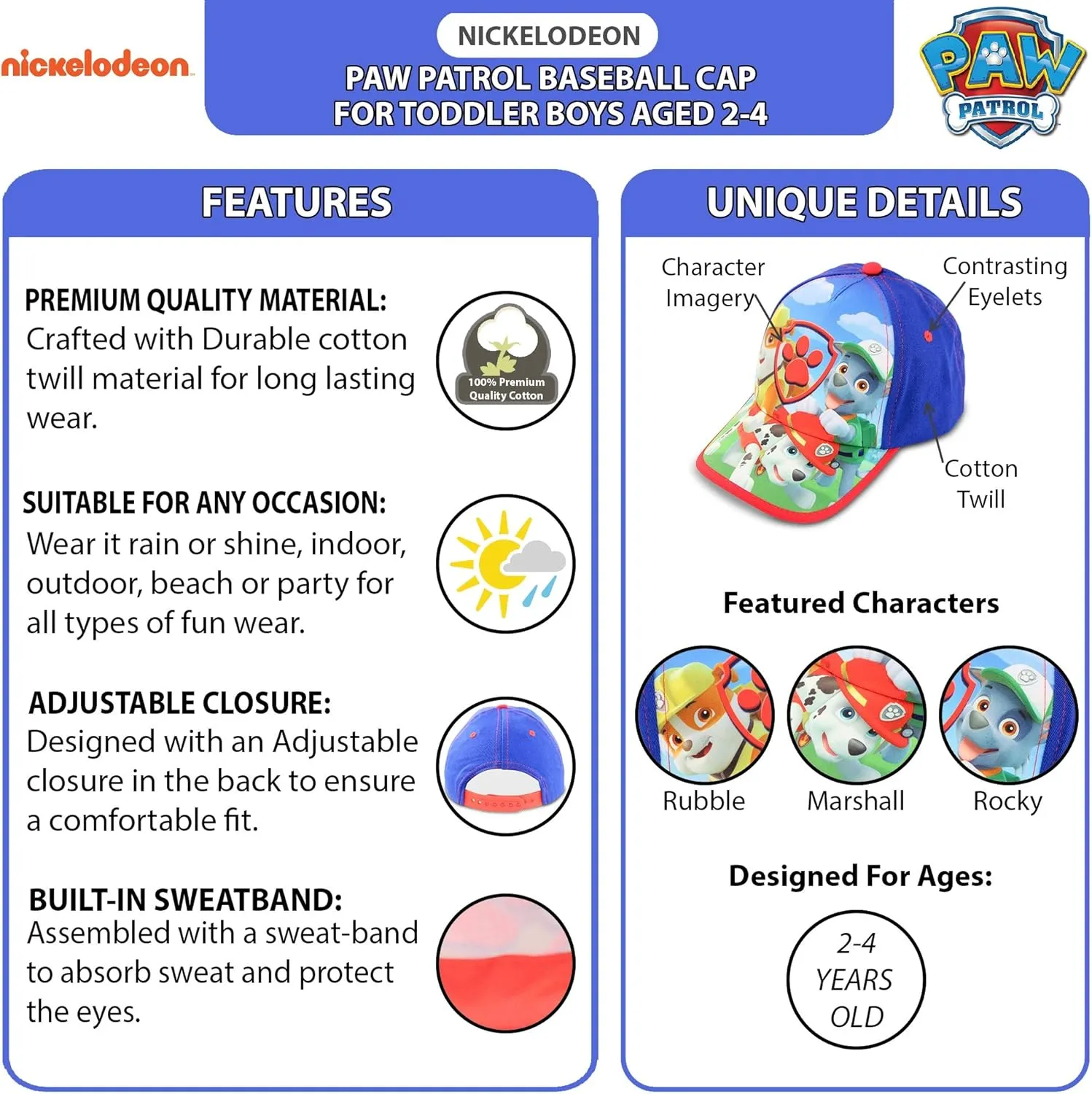 Nickelodeon Baseball Cap, Paw Patrol Marshall Adjustable Toddler 2-4 Or Boy Hats for Kids Ages 4-7