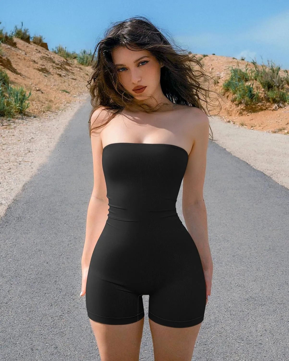 OQQ Womens Tube Rompers Summer Strapless Basic Sleeveless Ruched Stretch Classic-Fit Sexy Rompers 2025