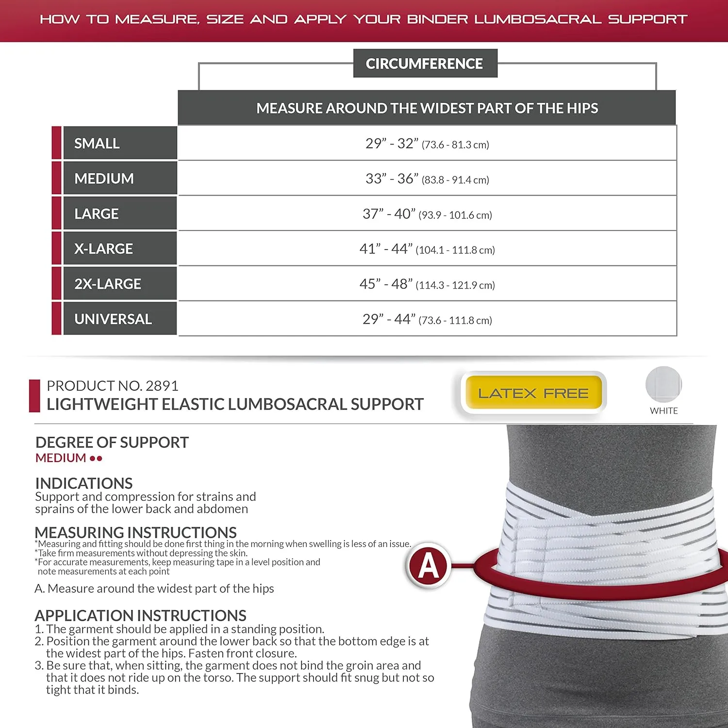 OTC Lumbosacral Support, 7-inch Lower Back, Lightweight Compression, Elastic, White, X-Large