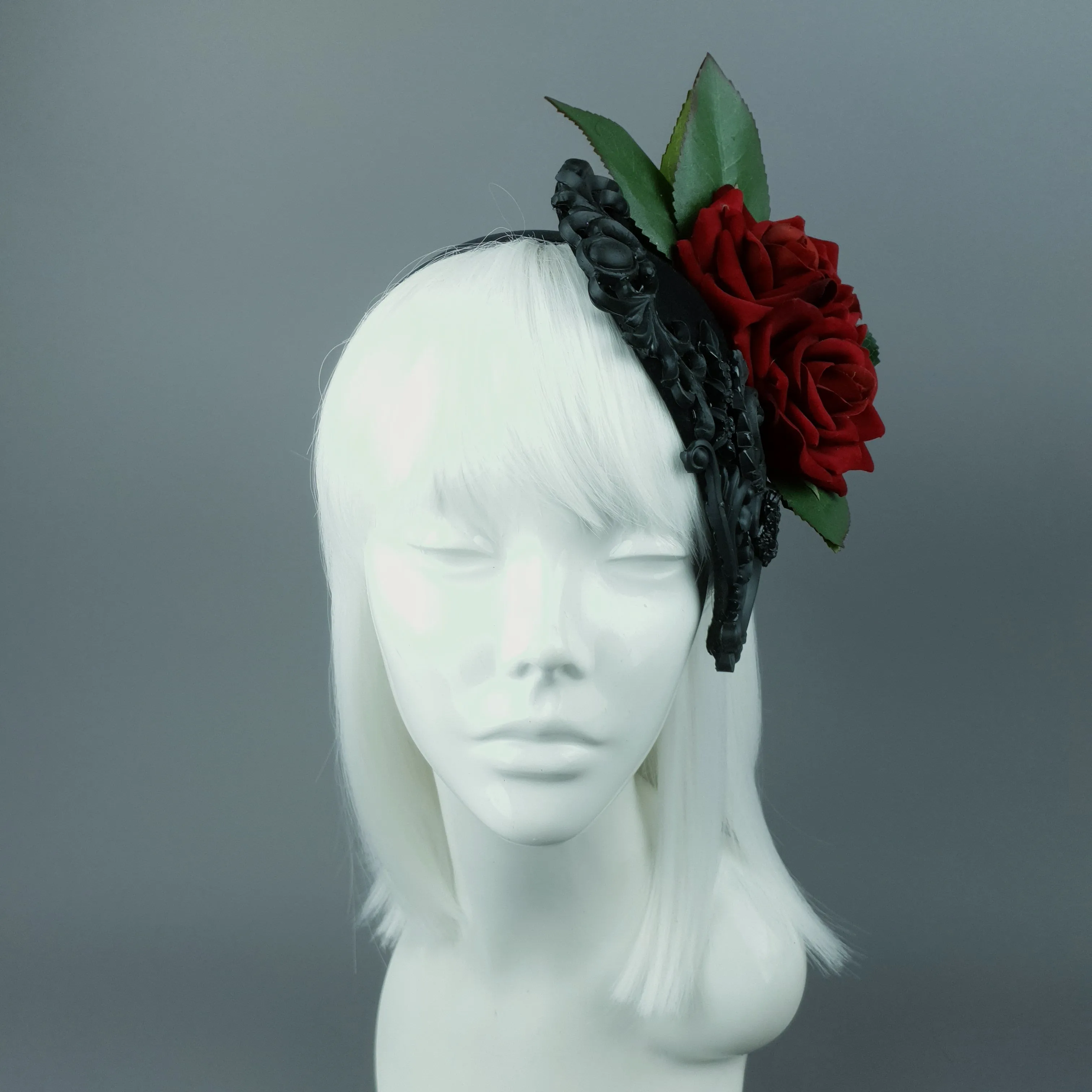 "Midnight" Red Rose & Filigree Fascinator Hat Headdress