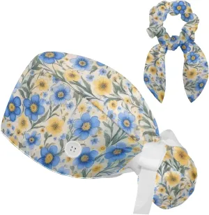 Scrub Caps Women with Button,Adjustable Bouffant Surgical Caps with Ponytail Pouch,Blue Flower and Yellow Floral Working Cap with Bow