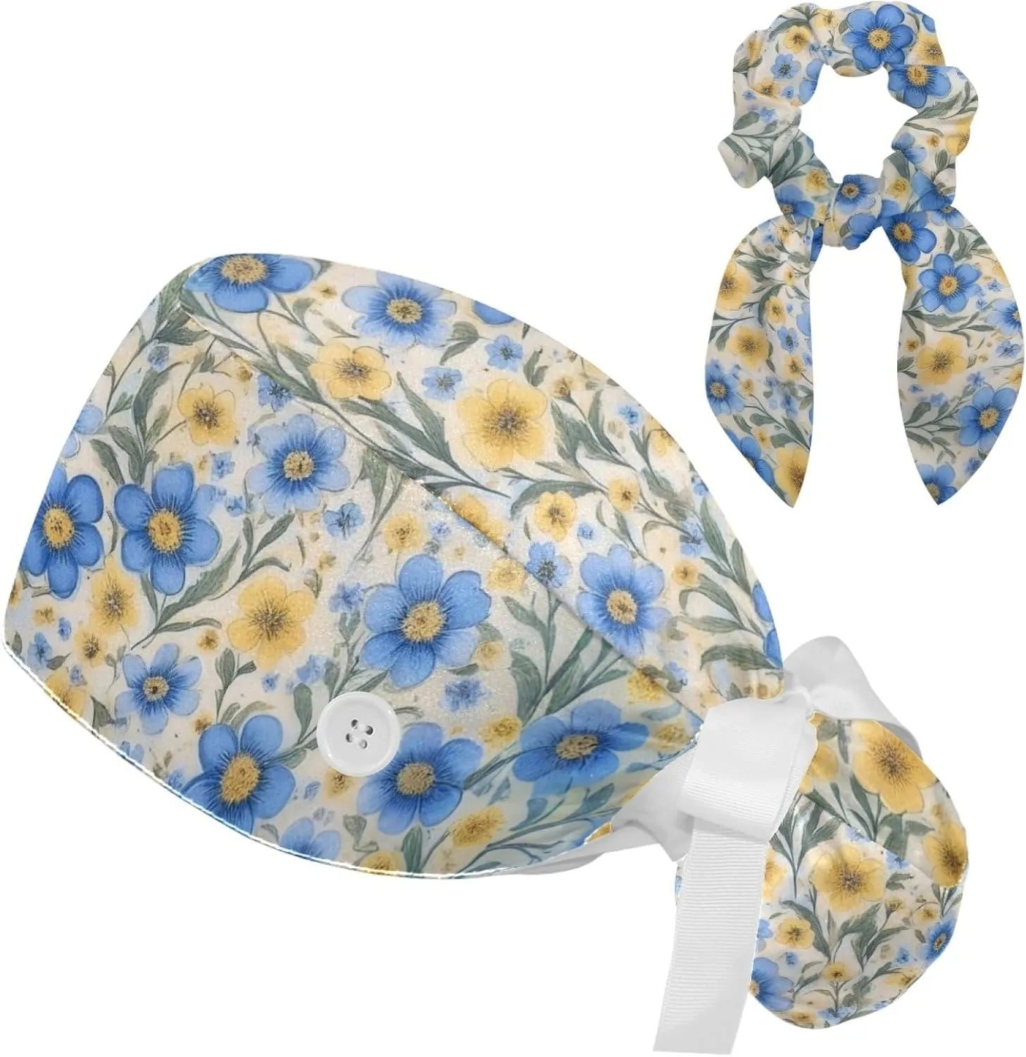 Scrub Caps Women with Button,Adjustable Bouffant Surgical Caps with Ponytail Pouch,Blue Flower and Yellow Floral Working Cap with Bow