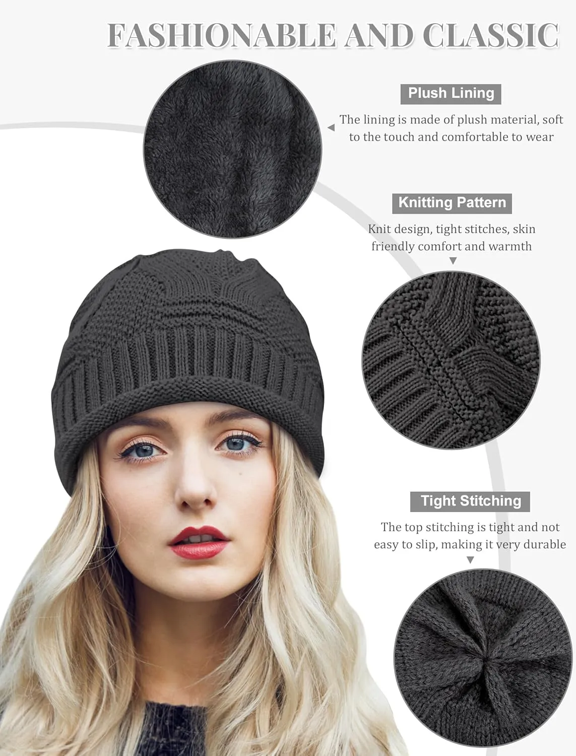 Senker Fashion 2 Pack Winter Slouchy Beanie for Women, Knit Beanies Warm Fleece Lined Chunky Oversized Skull Cap Gifts
