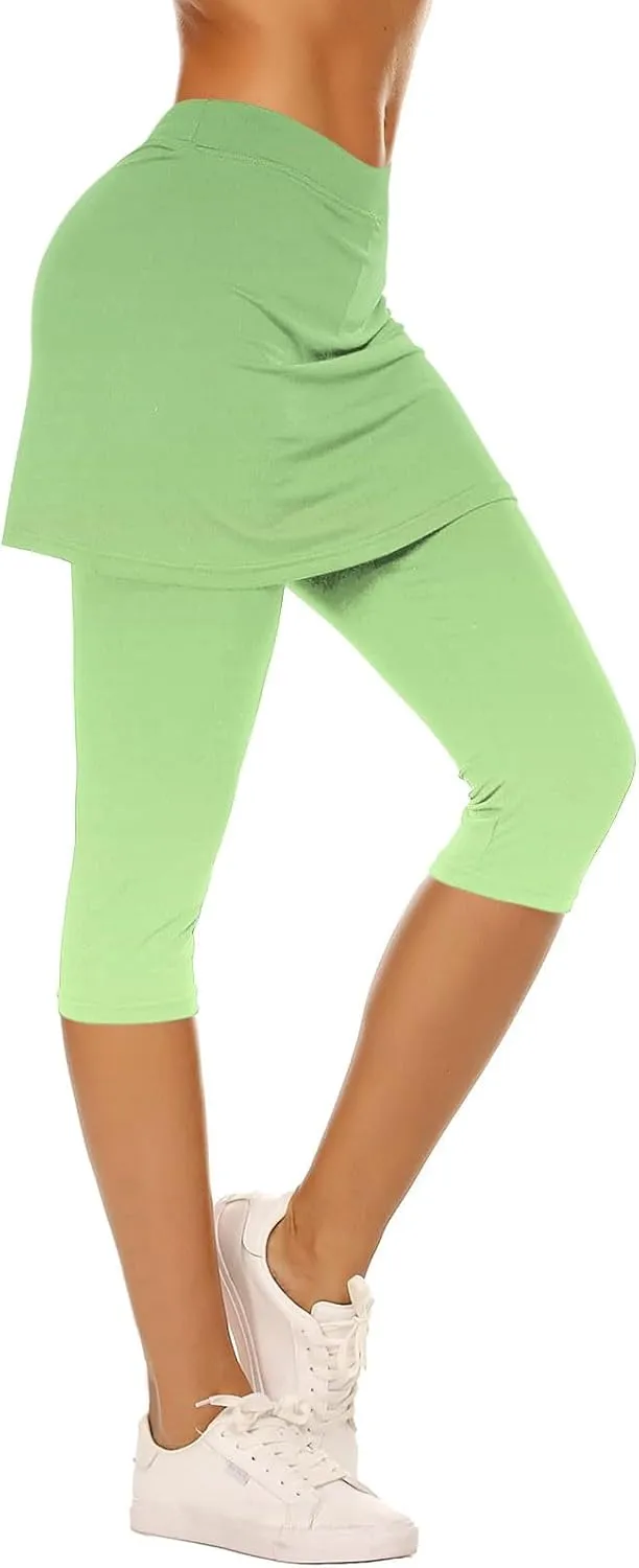 Skirted Leggings for Women Tennis Golf Skorts Capris Gym Yoga Legging with Skirts Gradient Color Workout Capri Pants
