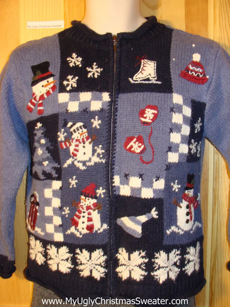 Tacky Ugly Christmas Sweater with Snowflakes, Snowman, Mittens, and Skates (f759)