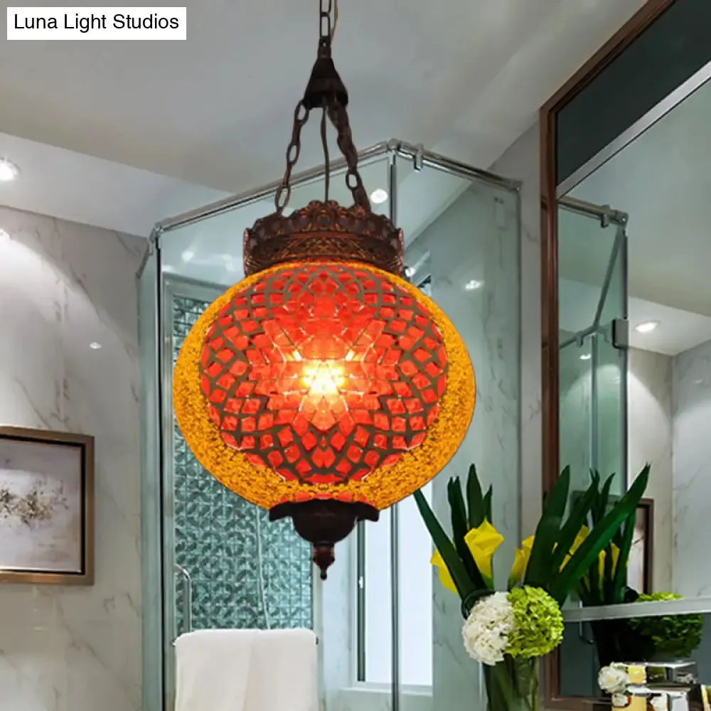 Turkish Handcrafted Art Glass Hanging Pendant Light Fixture - 1 Head, Blue/Orange Red