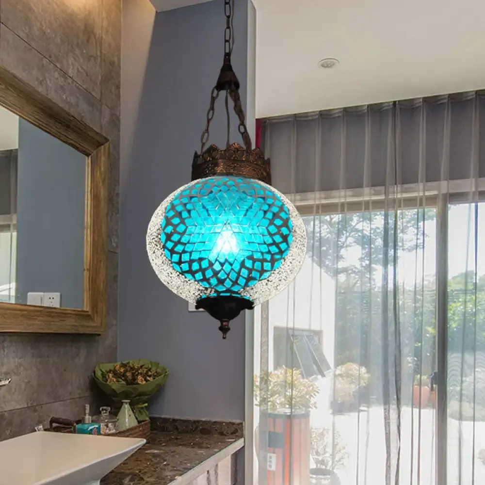 Turkish Handcrafted Art Glass Hanging Pendant Light Fixture - 1 Head, Blue/Orange Red