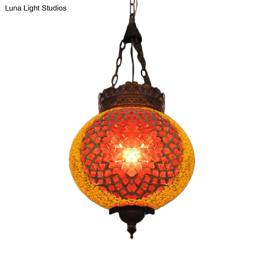 Turkish Handcrafted Art Glass Hanging Pendant Light Fixture - 1 Head, Blue/Orange Red