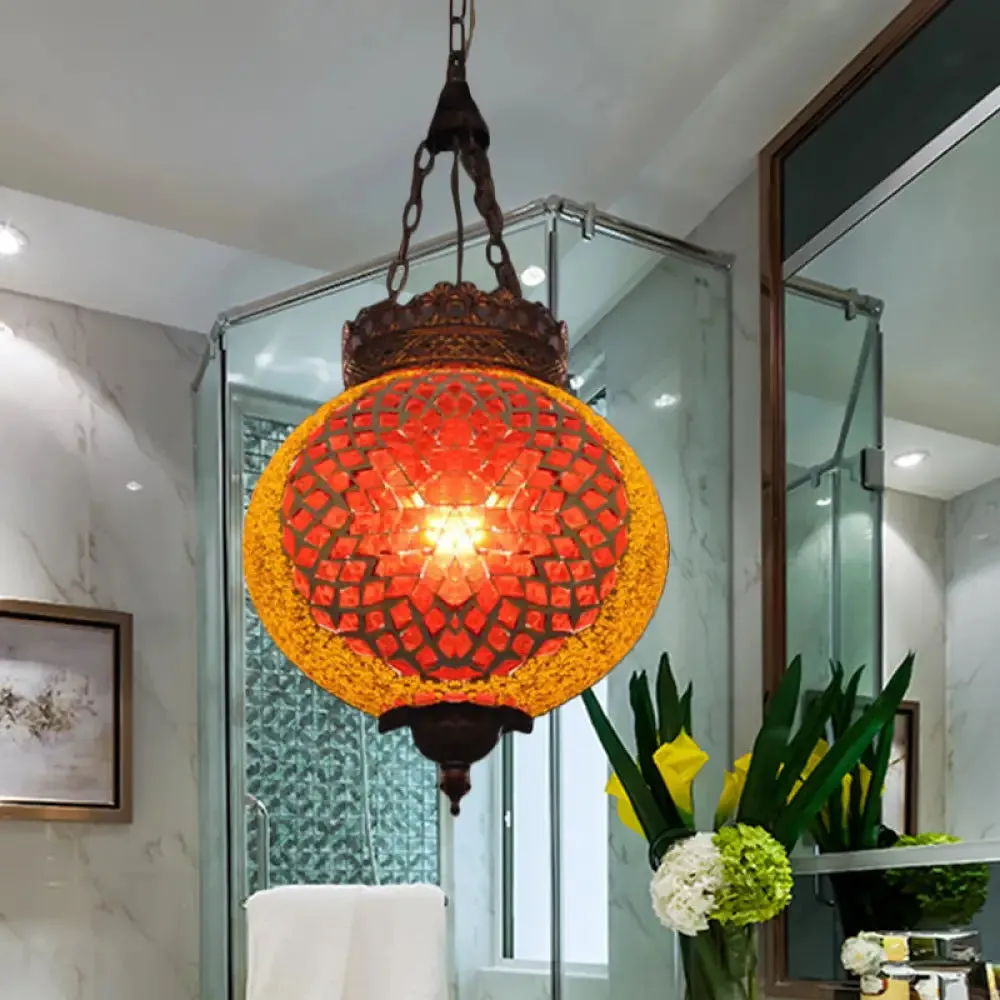 Turkish Handcrafted Art Glass Hanging Pendant Light Fixture - 1 Head, Blue/Orange Red