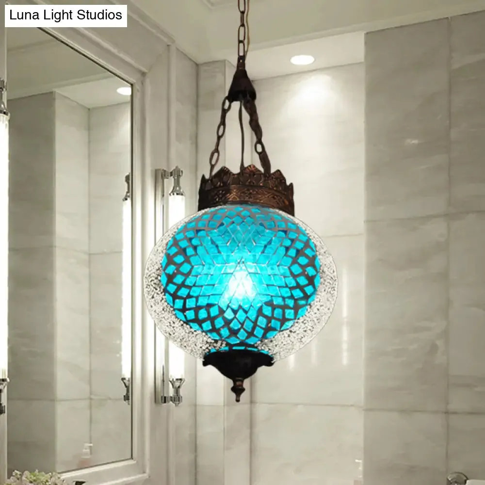Turkish Handcrafted Art Glass Hanging Pendant Light Fixture - 1 Head, Blue/Orange Red