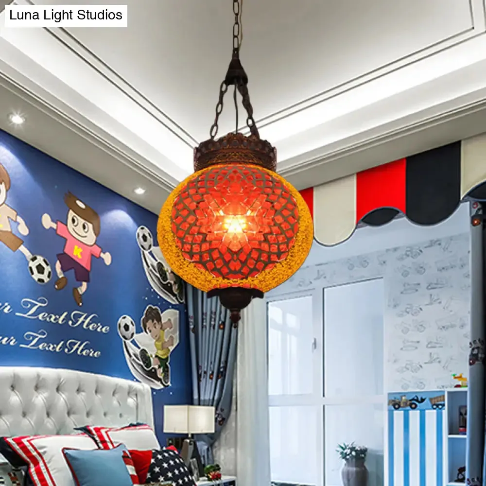 Turkish Handcrafted Art Glass Hanging Pendant Light Fixture - 1 Head, Blue/Orange Red
