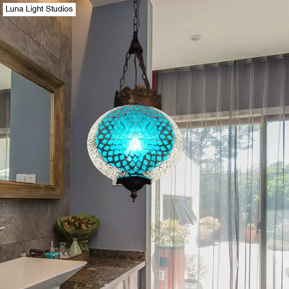 Turkish Handcrafted Art Glass Hanging Pendant Light Fixture - 1 Head, Blue/Orange Red
