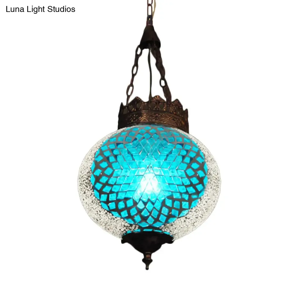 Turkish Handcrafted Art Glass Hanging Pendant Light Fixture - 1 Head, Blue/Orange Red